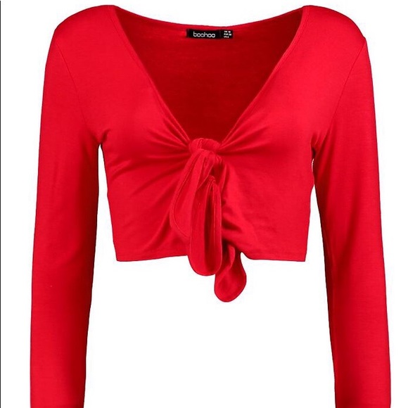 Boohoo red longsleeve front tie top size US 0 - Picture 2 of 6